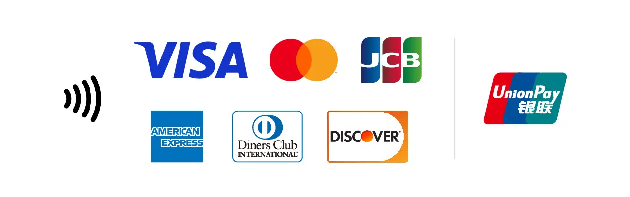 Visa / Mastercard / JCB / American Express / Diners Club / DISCOVER / 銀聯UnionPay（タッチ決済対応）